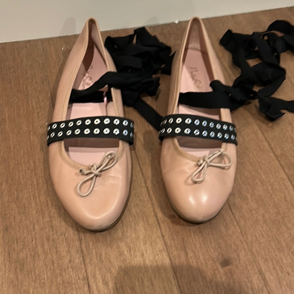 Pretty Ballerinas Nude Pink Leather Ballet Flats with Black Studded Strap